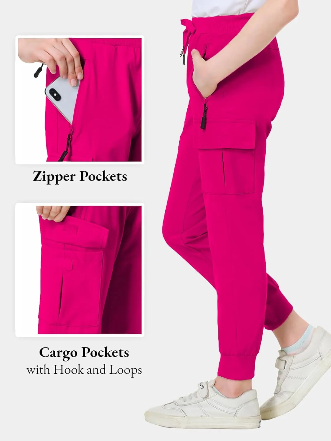 EXARUS Girls Cargo Pants Joggers Slim Fit with Zip Pockets Kids Quick Dry Lightweight Drawstring High Waisted 8-14Y