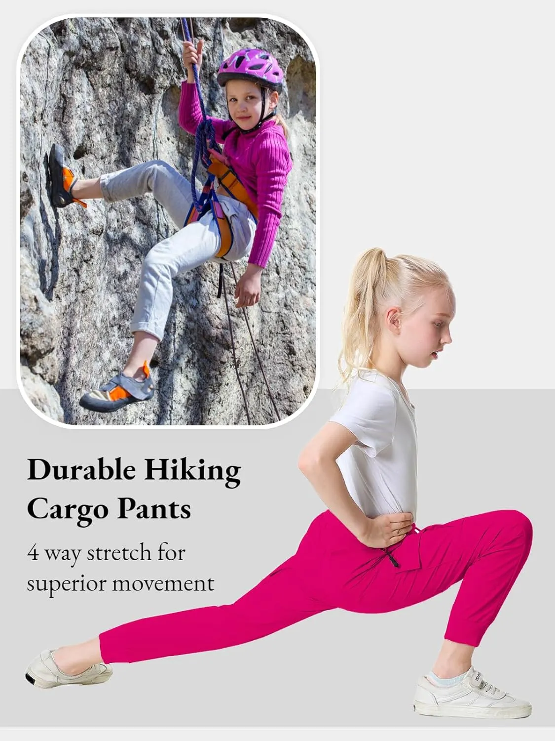 EXARUS Girls Cargo Pants Joggers Slim Fit with Zip Pockets Kids Quick Dry Lightweight Drawstring High Waisted 8-14Y