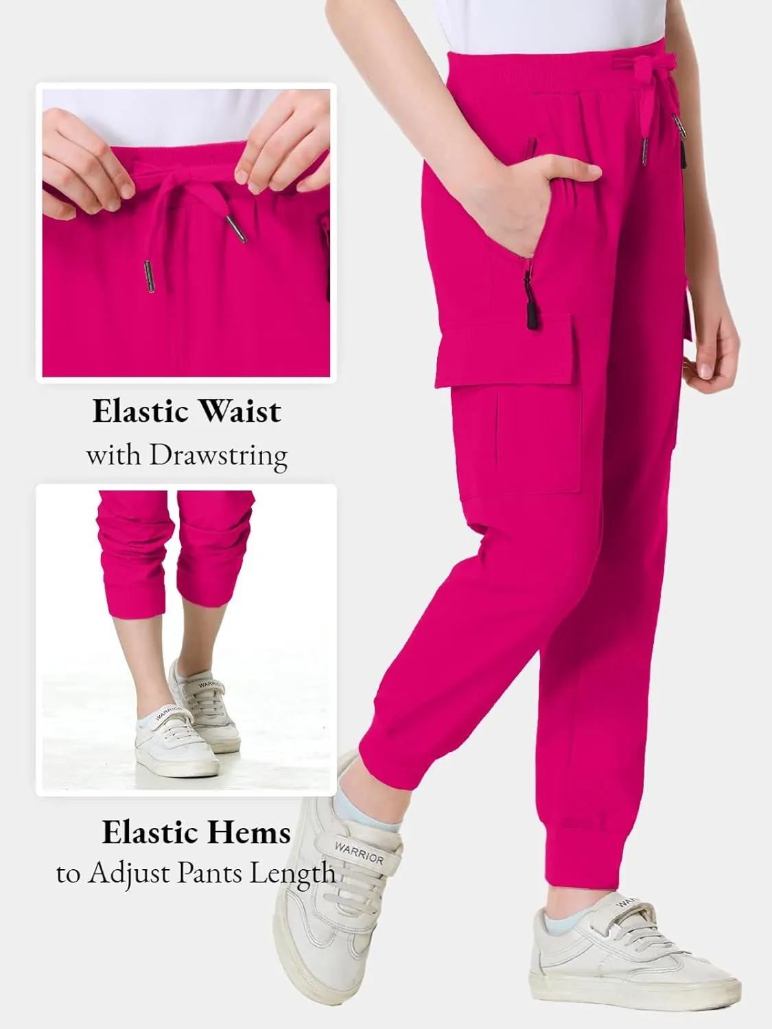 EXARUS Girls Cargo Pants Joggers Slim Fit with Zip Pockets Kids Quick Dry Lightweight Drawstring High Waisted 8-14Y