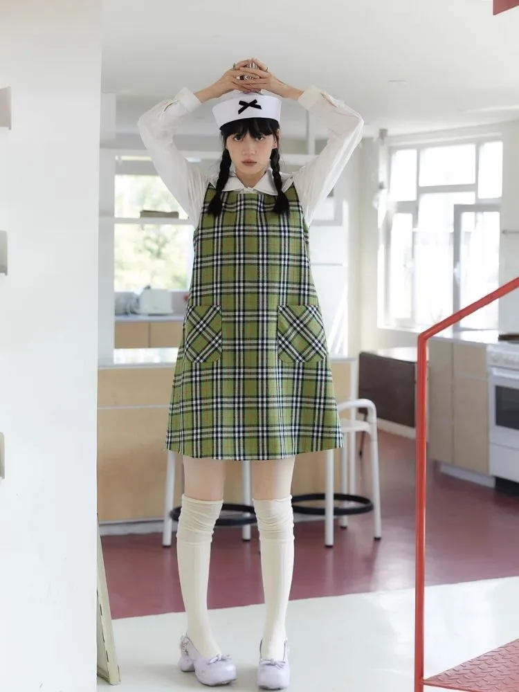 Green Check Vest Tweed Dress【s0000004624】