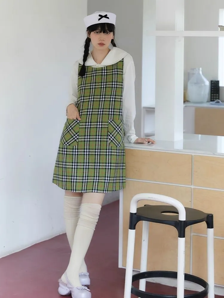 Green Check Vest Tweed Dress【s0000004624】