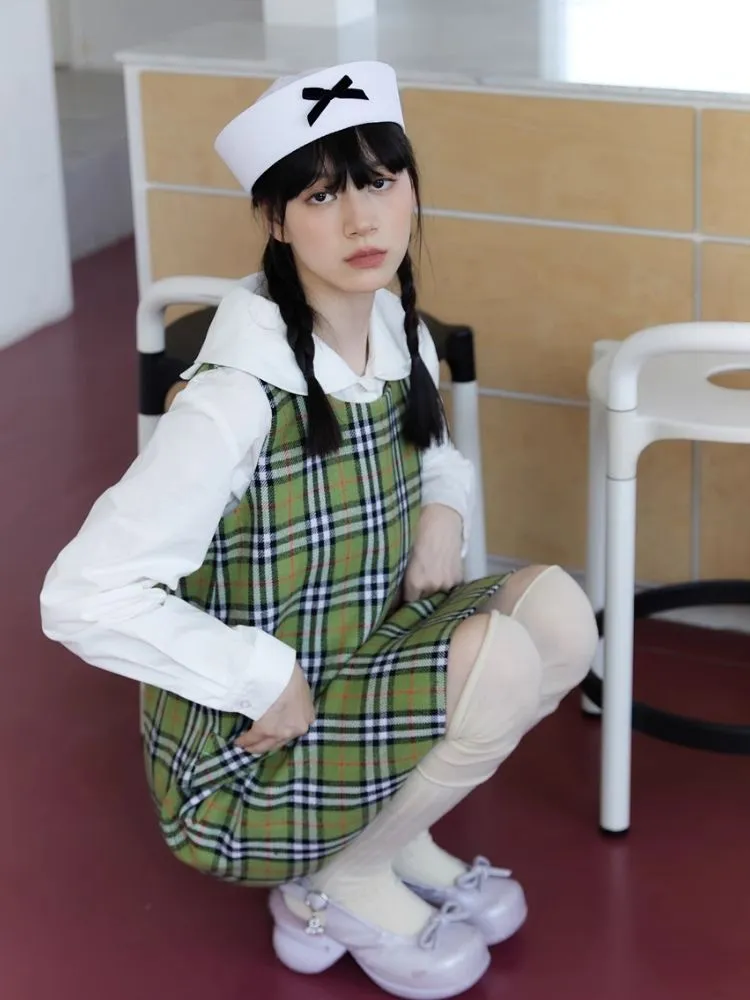 Green Check Vest Tweed Dress【s0000004624】