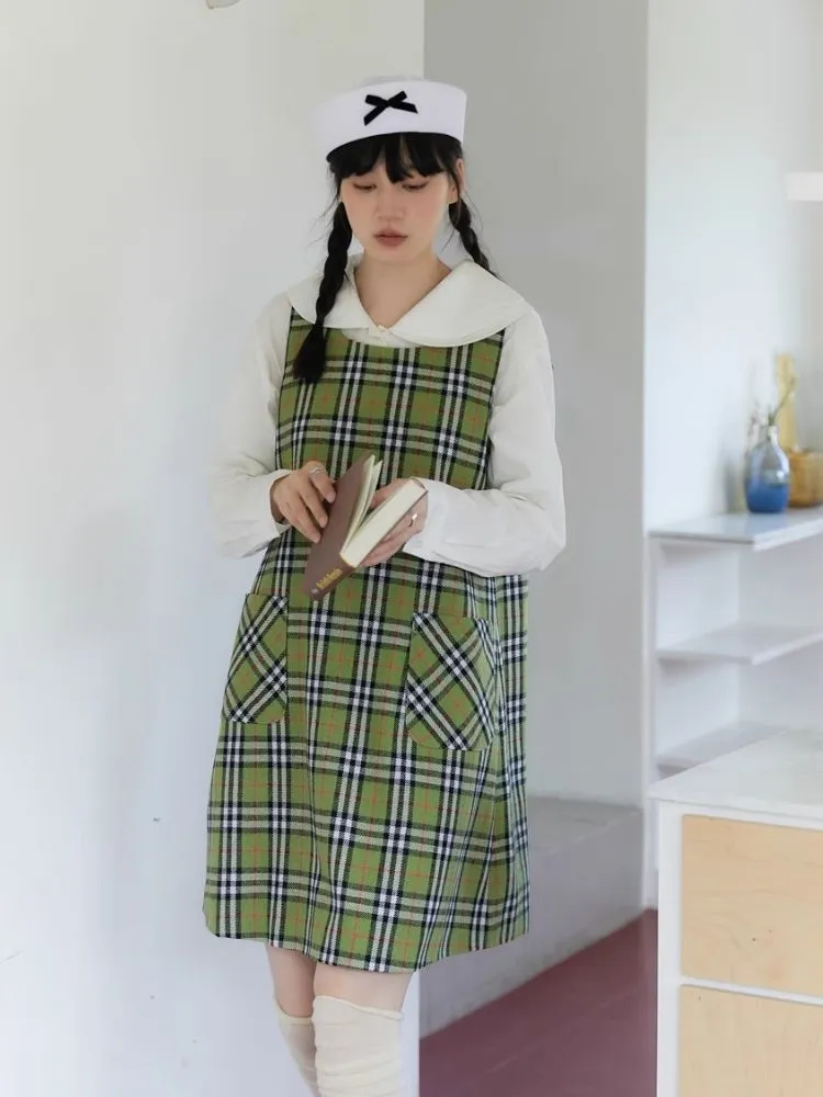 Green Check Vest Tweed Dress【s0000004624】