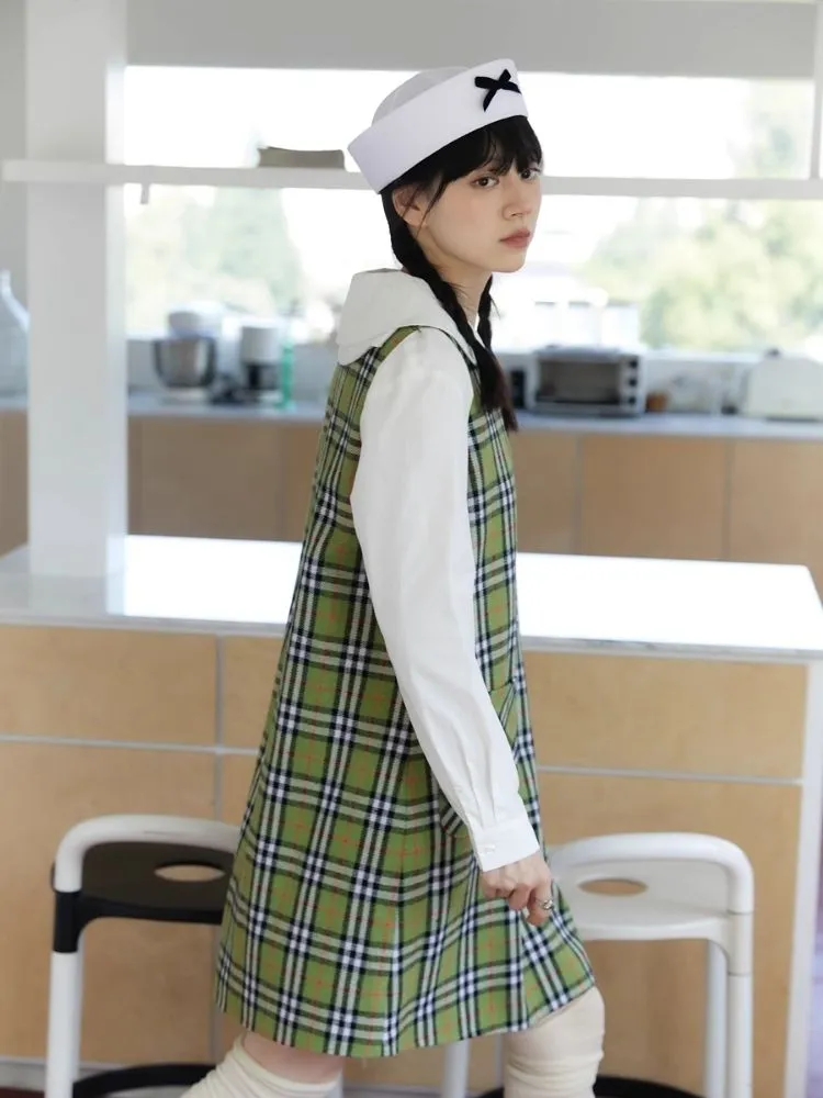 Green Check Vest Tweed Dress【s0000004624】