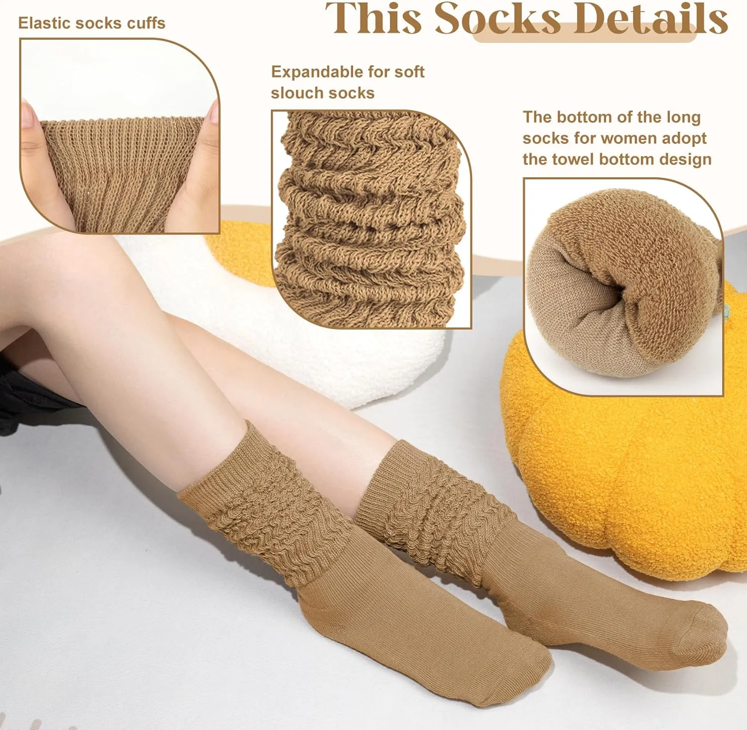 Justay 5 Pairs Slouchy Socks for Women - Knit Cotton Tube Cute Knee High Boot Long Scrunch Slouch Socks Gifts