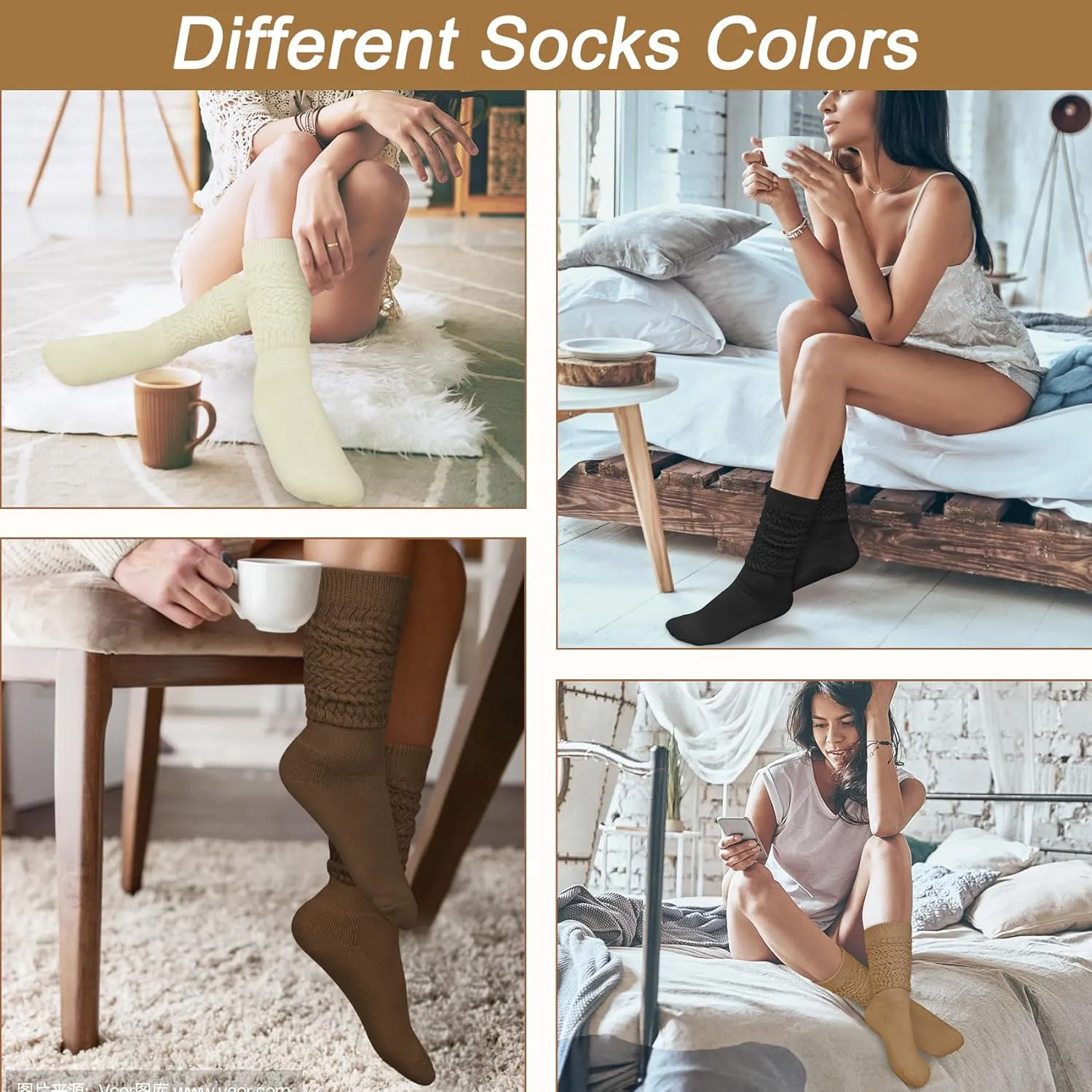 Justay 5 Pairs Slouchy Socks for Women - Knit Cotton Tube Cute Knee High Boot Long Scrunch Slouch Socks Gifts