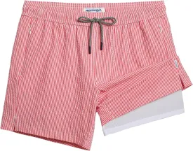 maamgic Men's Swim Trunks 5.5 inch Seersucker 2 in 1 Beach Shorts Quick Dry Bathing Suits with Compression Liner